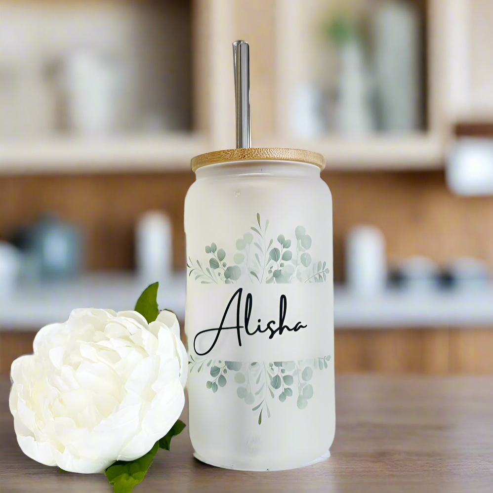 Eucalyptus Name Glass Can