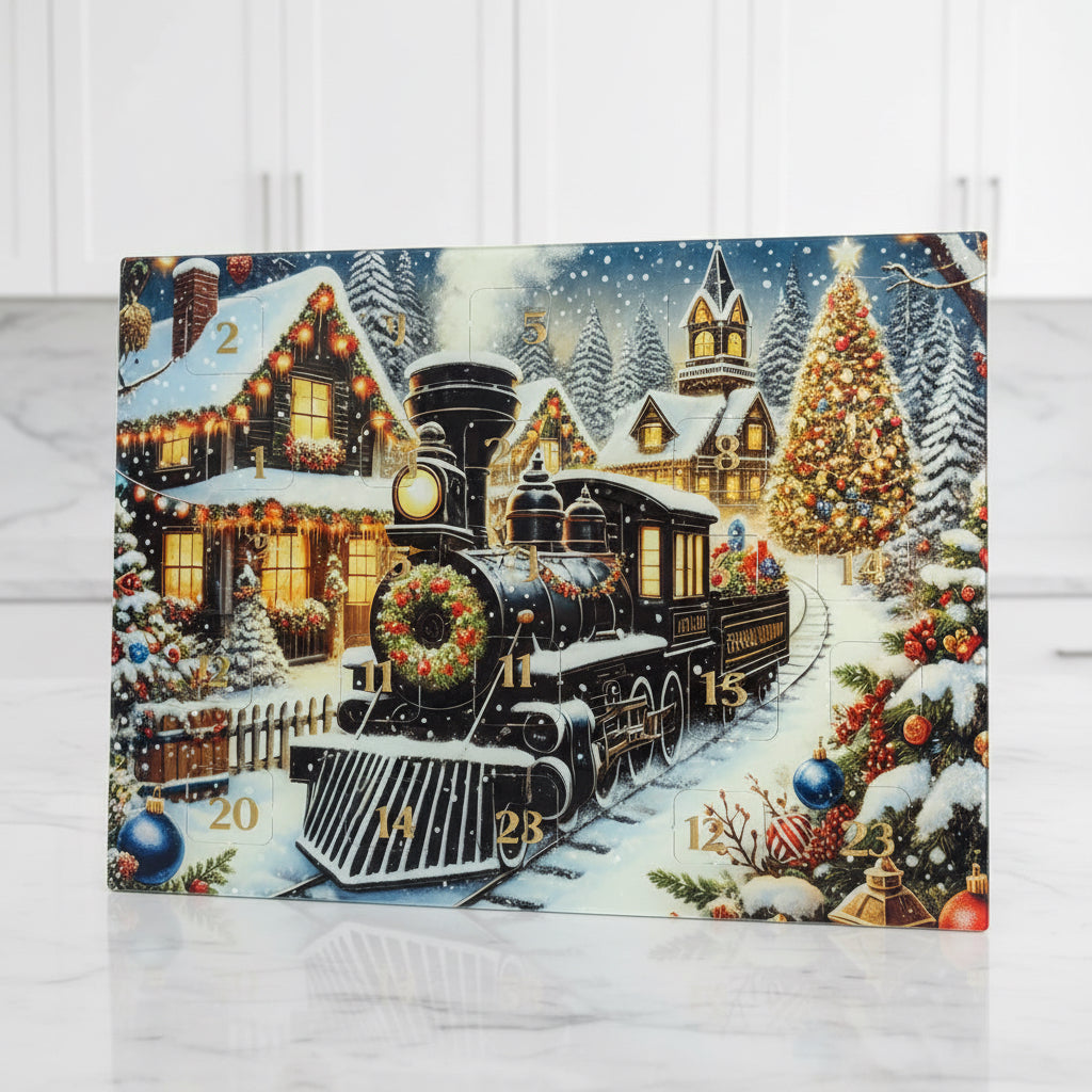 Black Christmas Train Chopping Board/ Splashback A3