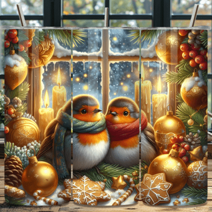 Robins in cosy window Christmas Skinny Tumbler 600ml