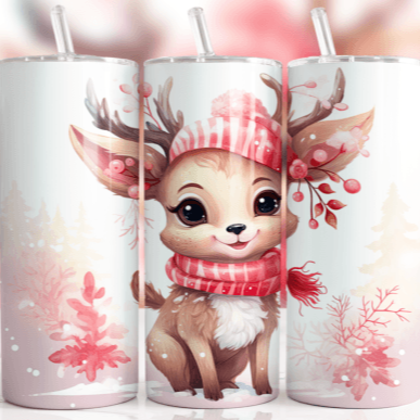 Brown Cute Reindeer With Pink Scalf Christmas Skinny Tumbler 600ml
