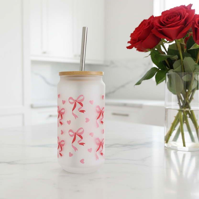 Pink Croquette Bow Frosted Glass Can 18oz Tumbler