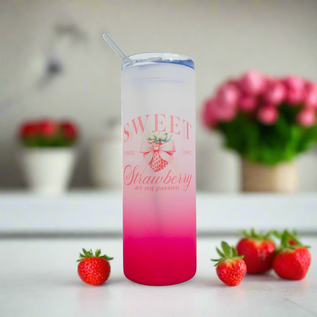 Sweet Strawberry Pink Tall Skinny Glass Tumbler 25oz