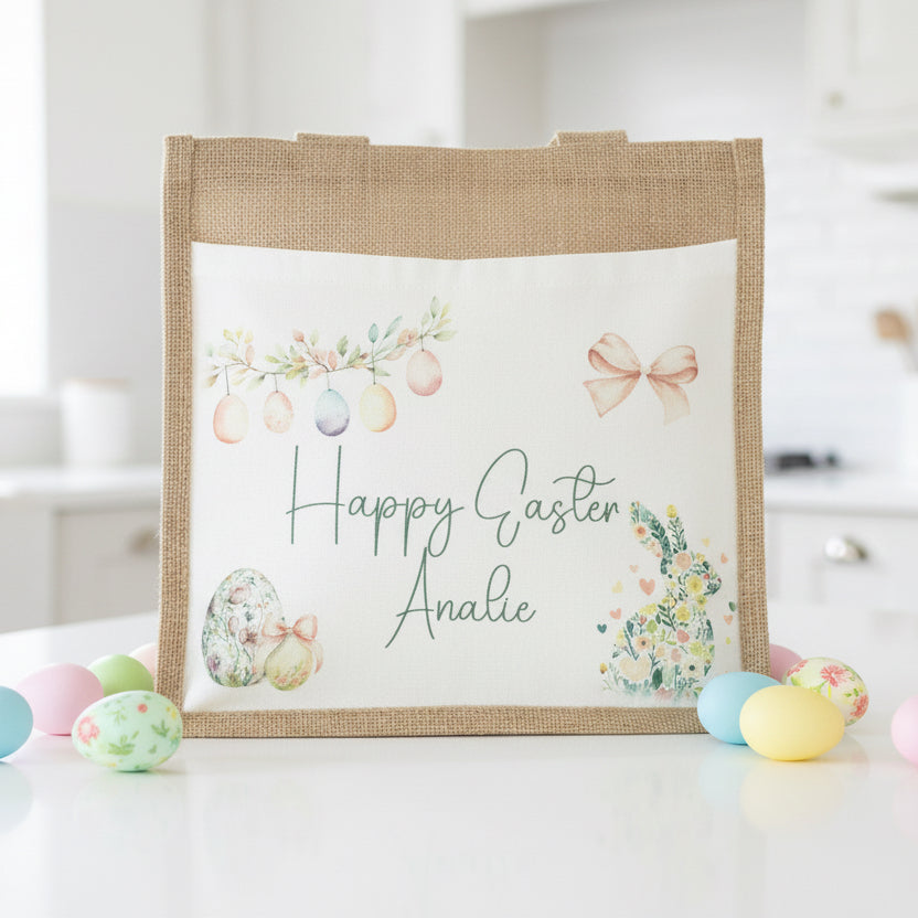 Happy Easter Floral Rabbit Design Tote Bag