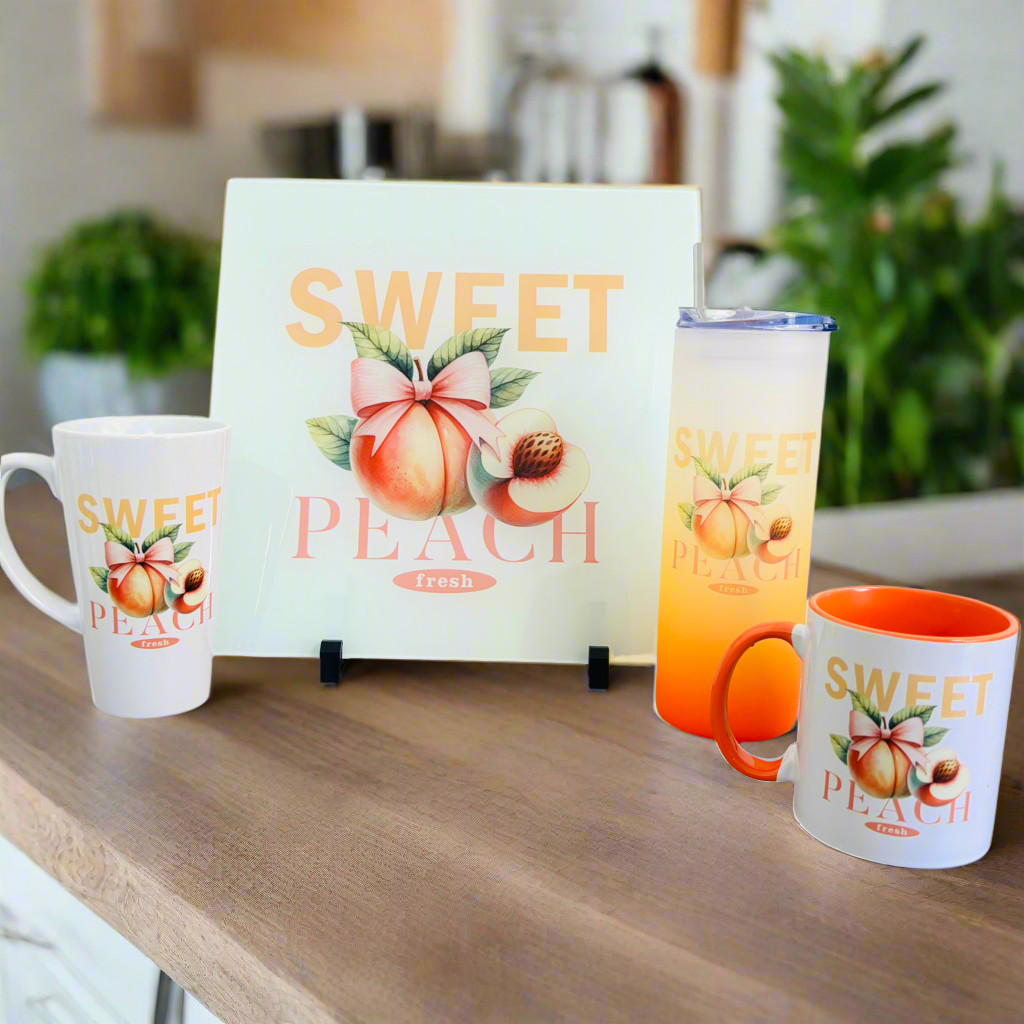 Sweet Peach Bundle: Splashback, 17oz Mug, 11oz Mug,Orange Neon Glass Tumbler