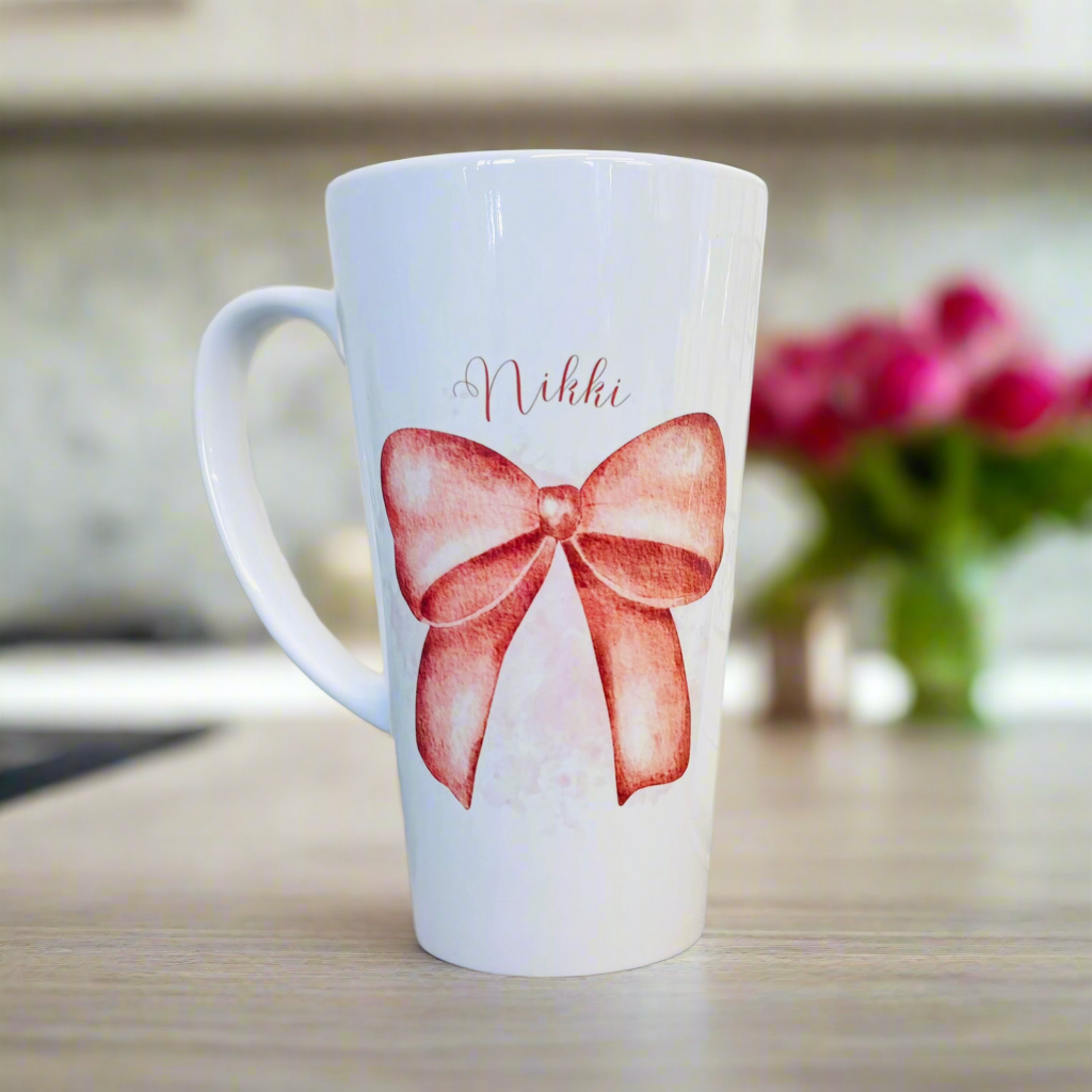 New Dark Pink Bow Latte Ceramic Mug 17oz inc Box