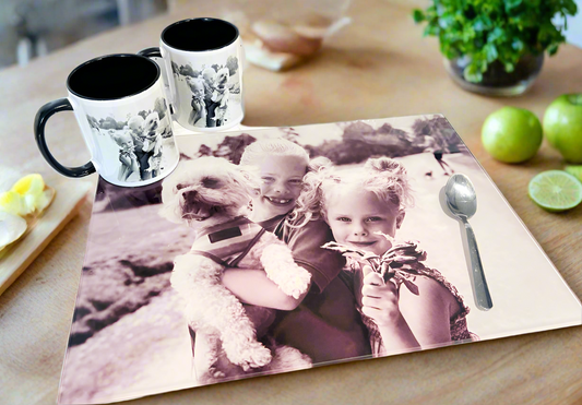 A3 Rectangle Smooth Photo Chopping Board + 2 Mugs Bundle