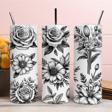Black Flower Tattoo Style Stainless Steel Tumbler