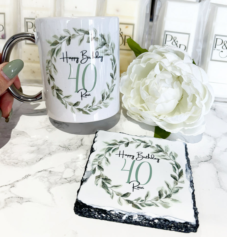 Happy Milestone Birthday Wreath Mug and Coaster Set