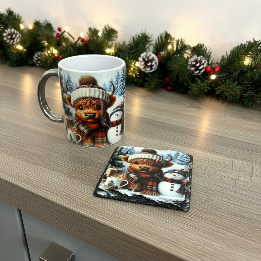 Christmas Highlandcow & Snowman Mug and Coaster Set