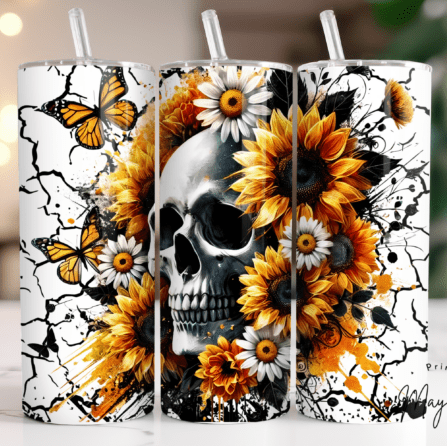 Skull and Sunflowers Skinny Tumbler
