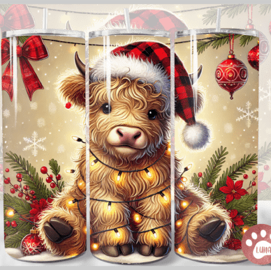 Red Christmas lights Highland Cow Skinny Tumbler 600ml