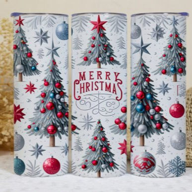 Merry Christmas Silver & Red Christmas Skinny Tumbler 600ml
