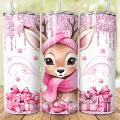Cute Presents Reindeer With Hot Pink Scalf Christmas Skinny Tumbler 600ml