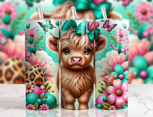 Highland Cow Tumbler 3 Green and Pink