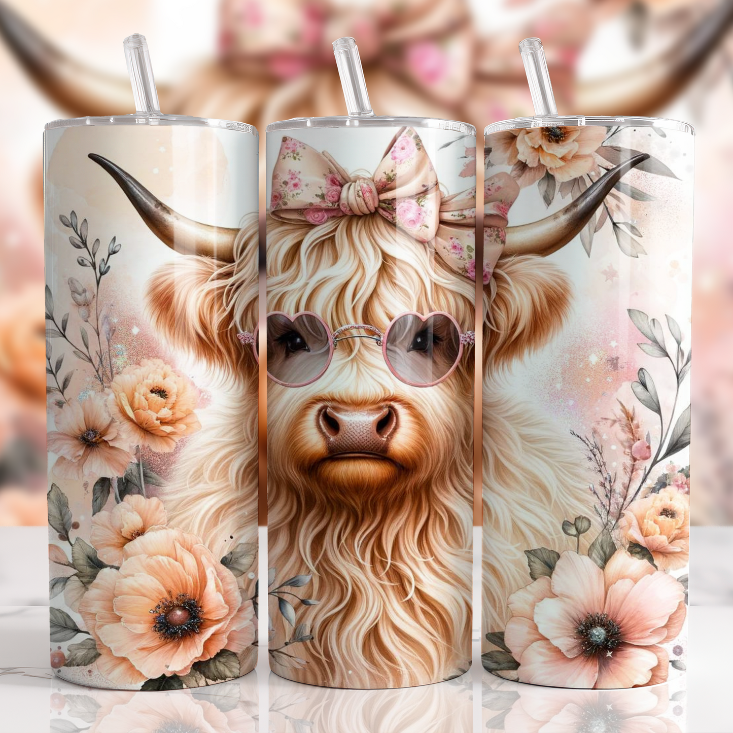 Highland Cow Tumbler 6 Peach With Glasses