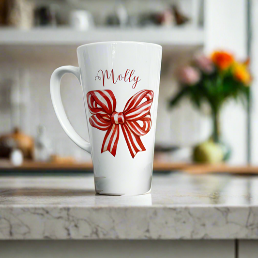 New Latte Ceramic Mug 17oz Red Christmas Bow inc Box