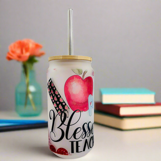 Blessed Teacher Frosted Glass Can 18oz Tumbler