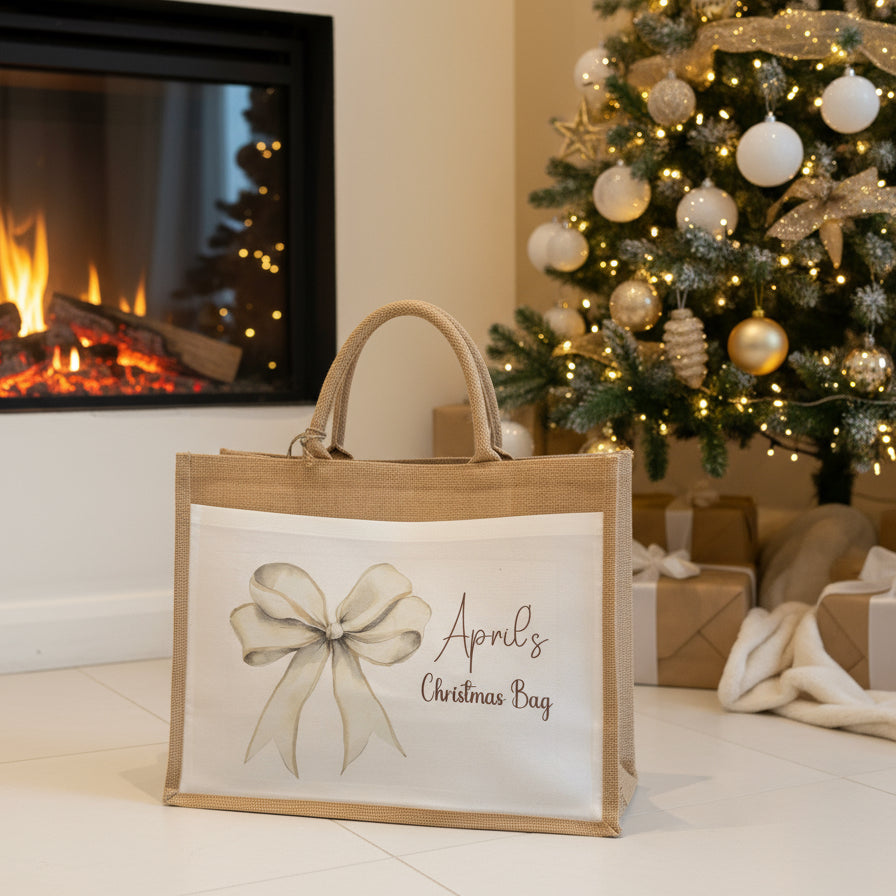 Christmas Eve Tote Bag- Cream Bow