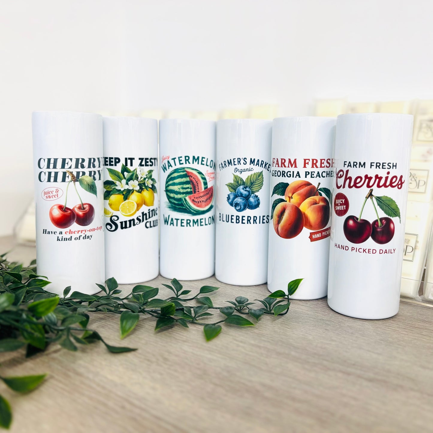 White Tumbler with Vintage Fruits