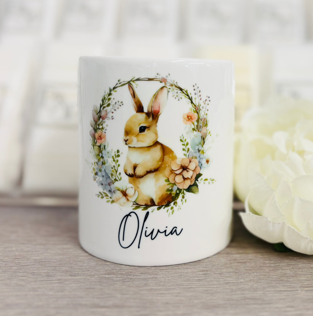 Ceramic Money Box Bunny Rabbit Wreath Design