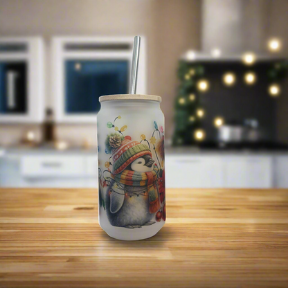 Highland Cow and Penguin Glass Can 18oz Tumbler