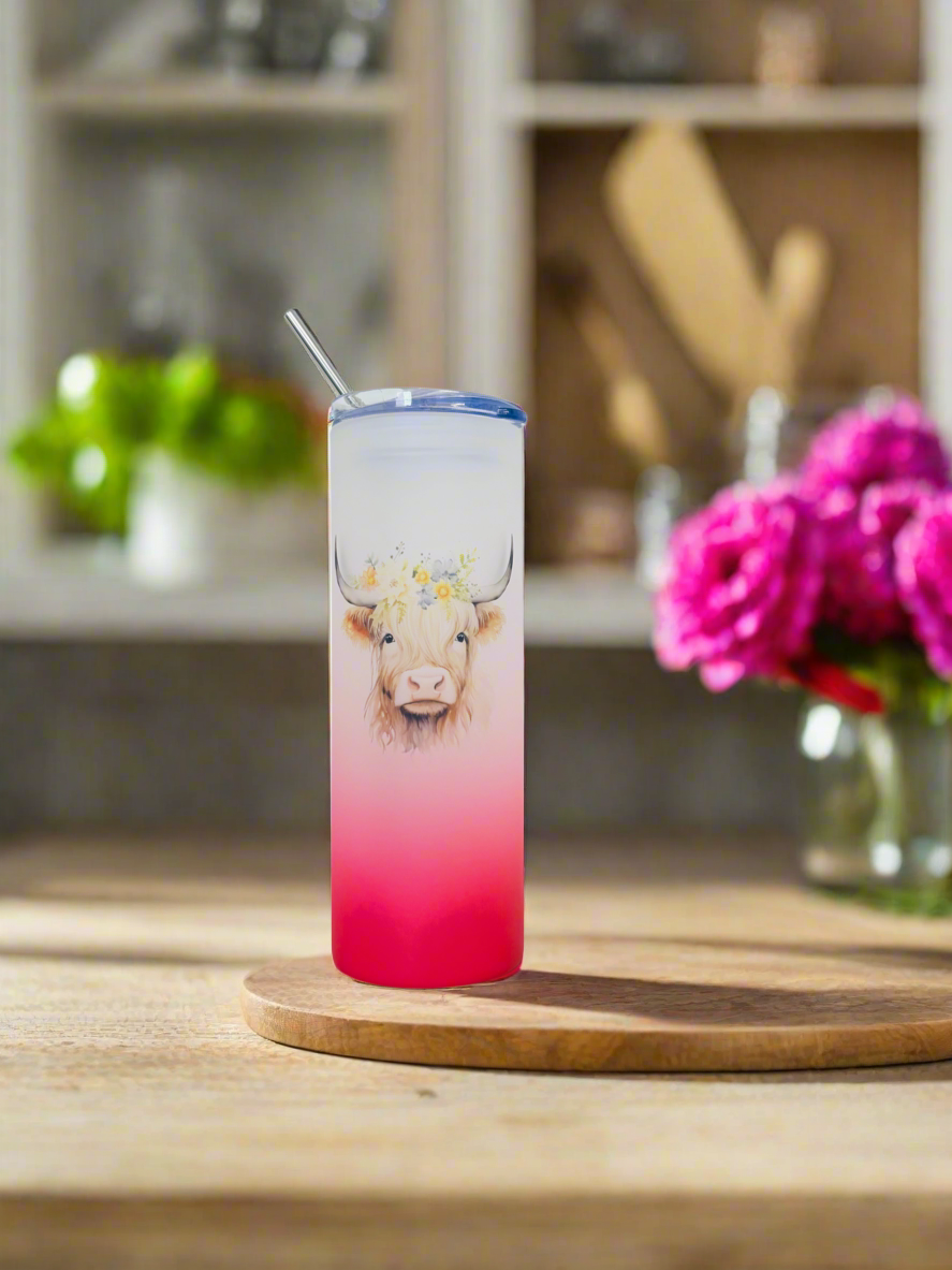 Highland Cow Tall Neon Skinny Glass Tumbler 25oz