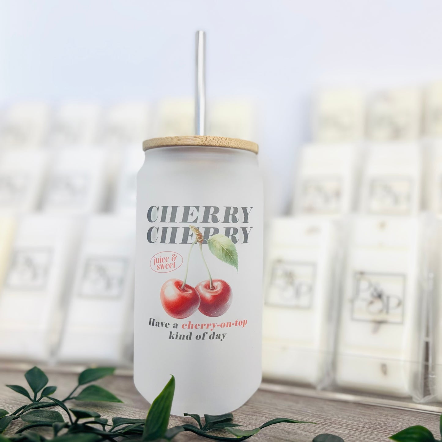 Glass Can Vintage Fruits Bamboo Lid / Metal Straw 18oz Tumbler