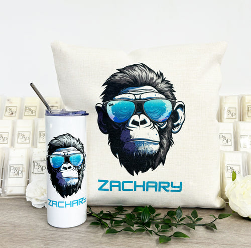 Blue Gorilla Bundle (Filled Cushion & Skinny Tumbler)