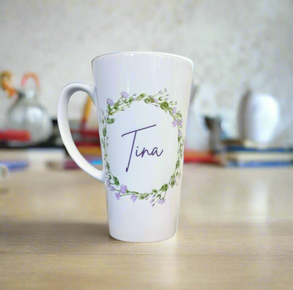 Latte Ceramic Mug Purple Wreath 17oz inc Box