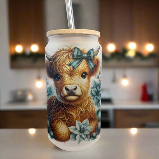 Highland Cow and Snowman Glass Can 18oz Tumbler