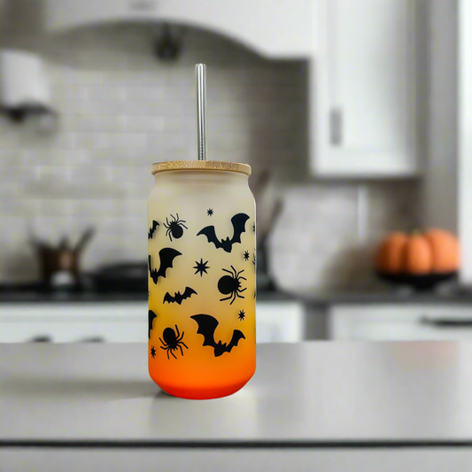 Spider and Bats Frosted Glass Can 18oz Tumbler