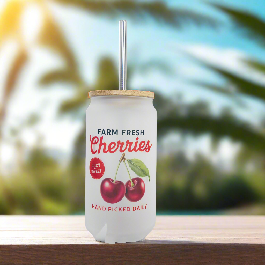 Glass Can Vintage Fruits Bamboo Lid / Metal Straw 18oz Tumbler