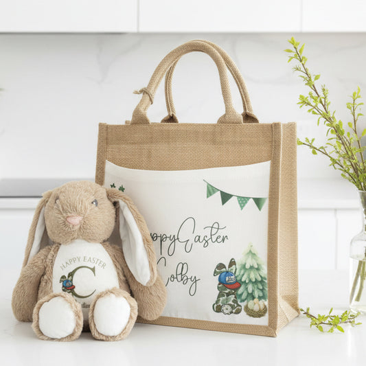Initial Green Camo Bunny Teddy and Tote bag Bundle