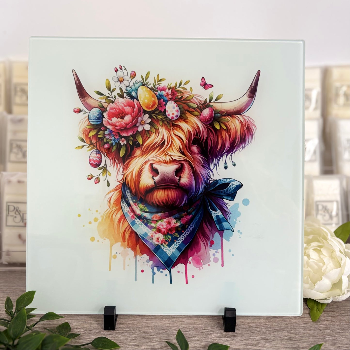 Rainbow Easter Highland Cow 30cm Chopping Board