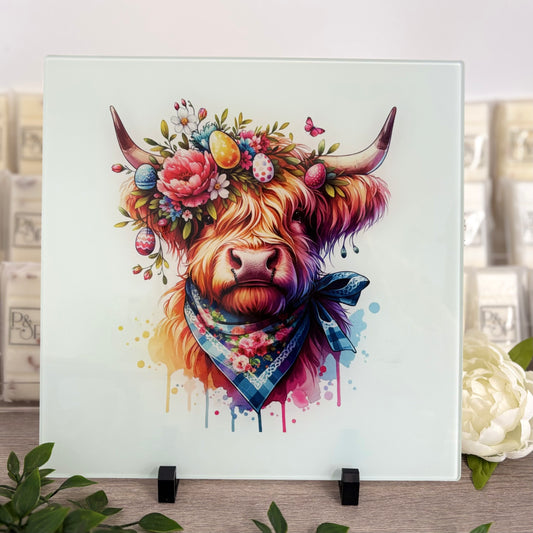 Rainbow Easter Highland Cow 30cm Chopping Board