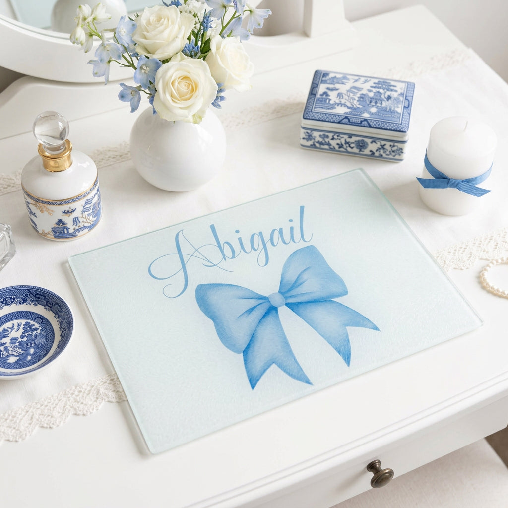 Rectangle Smooth Makeup Glass Board Blue Bow