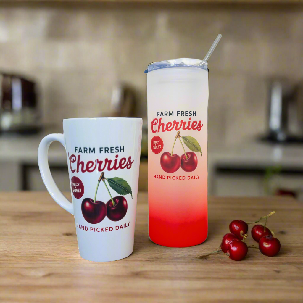 Farm Fresh Cherries duo 17oz Latte Mug & Red Neon 21oz Tumbler