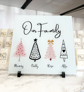 Our Family Pink and Black Christmas Trees  30cm Chopping Board