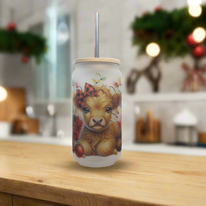 Highland Cow and Penguin Glass Can 18oz Tumbler