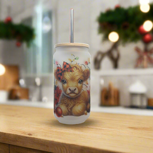Highland Cow and Penguin Glass Can 18oz Tumbler