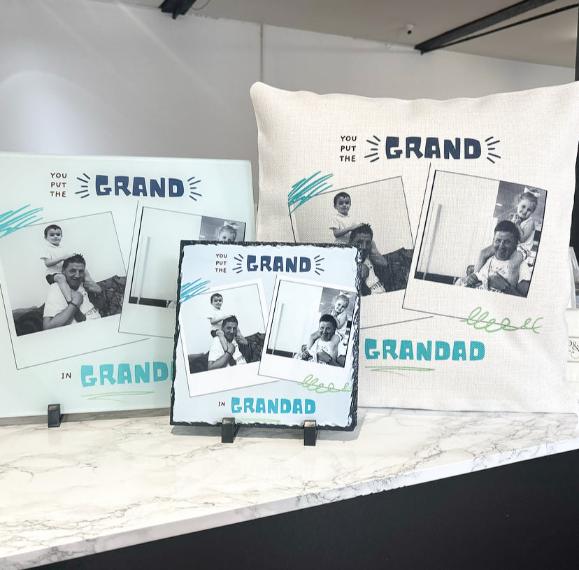 Bundle: Cushion, Chopping Board and 19cm Photo Slate