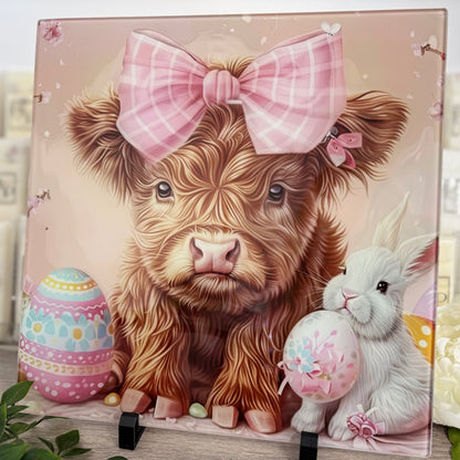 Pink Easter Highland Cow 30cm Chopping Board