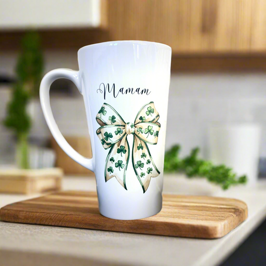 Latte Ceramic Mug 17oz St Patricks Day Clover Cream Bow