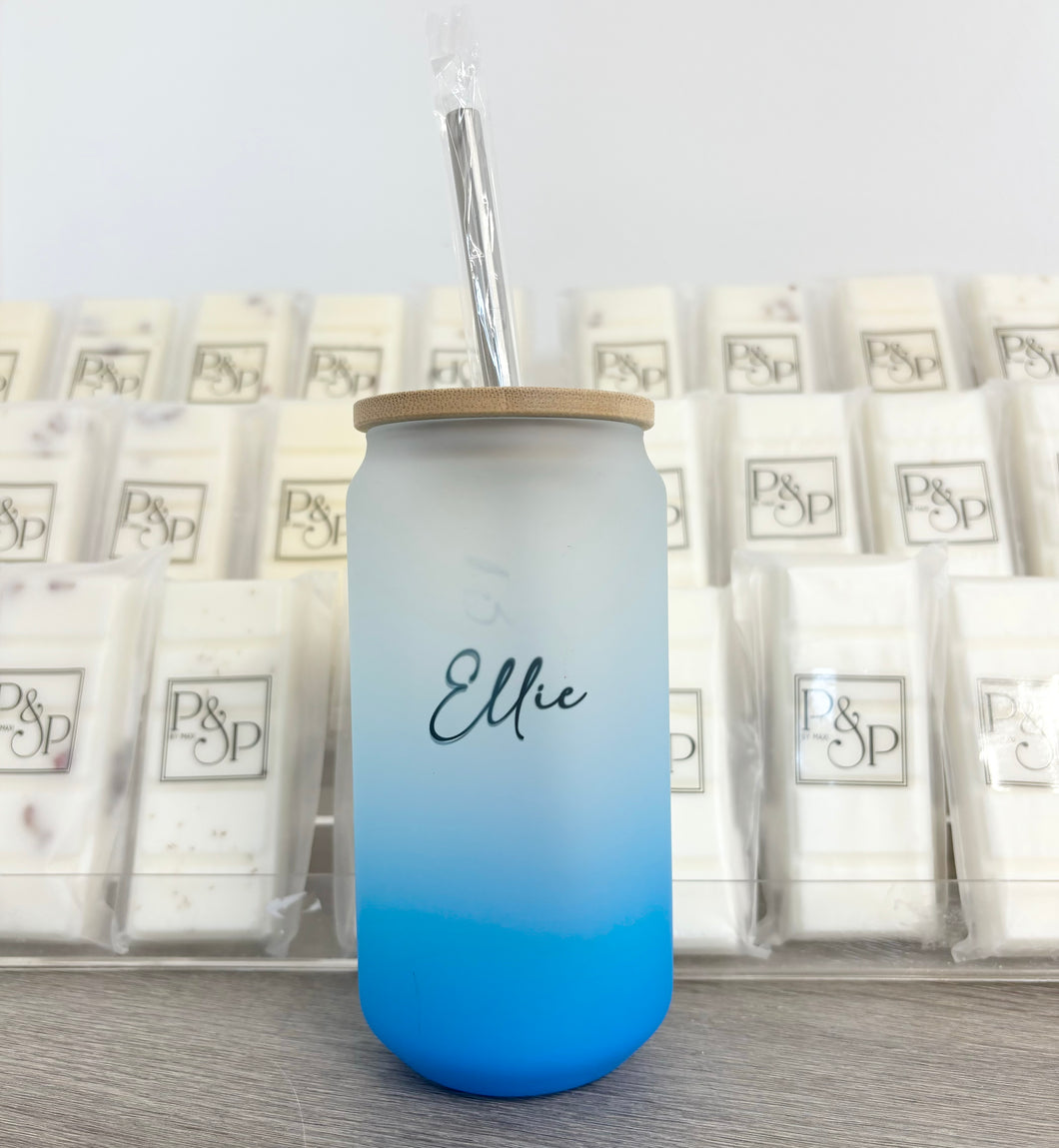 Neon Light Blue Glass Tumbler Name Printed: Ellie