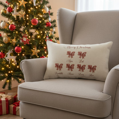 Red and White Striped  Bows family Christmas - Filled Cushion