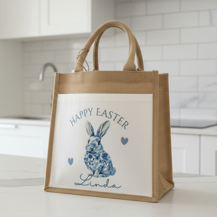 Floral Blue Rabbit Tote Bag