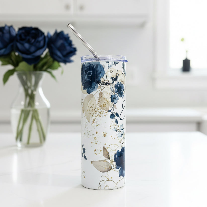 Navy Floral Named Tumbler