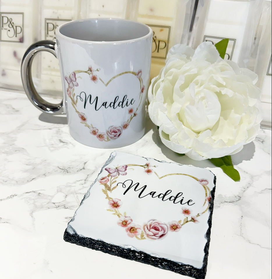 Love Heart Name  Mug and Coaster Set