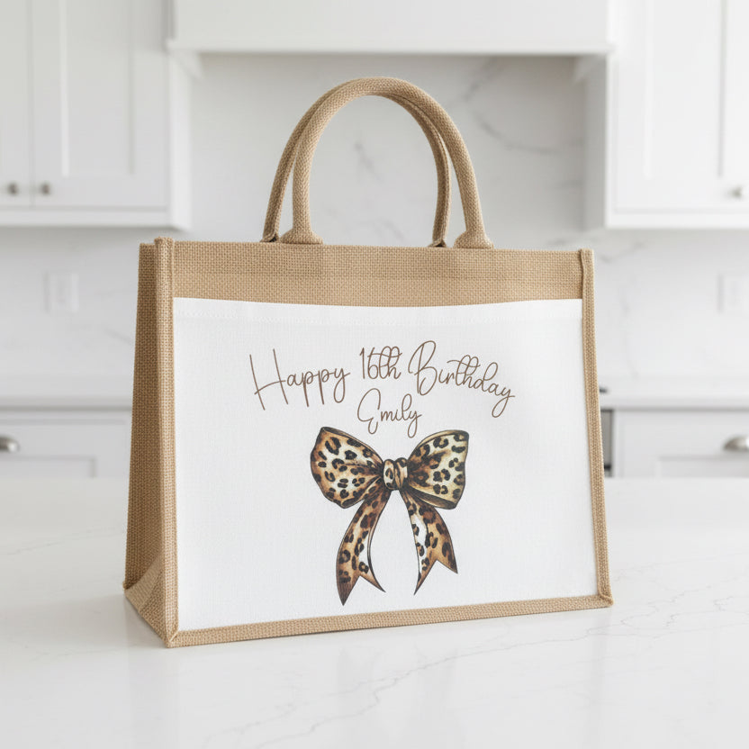 Birthday Leopard Print Bow Tote Bag