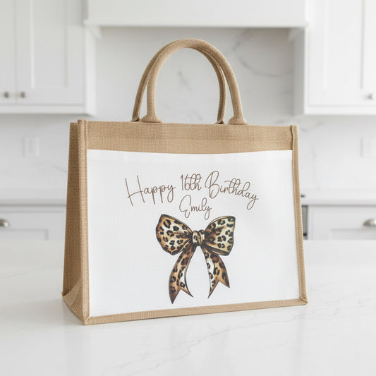 Birthday Leopard Print Bow Tote Bag